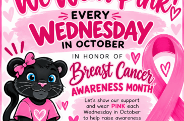 Pink-themed poster encouraging people to wear pink every Wednesday in October in honor of Breast Cancer Awareness Month. The design features bold black and pink lettering, a large pink awareness ribbon, and a cute black cartoon panther wearing a pink bow and pink shirt with a heart. Pink hearts, paw prints, and brushstroke accents decorate the background. Text encourages support for those fighting breast cancer, survivors, and those who continue to be supported.